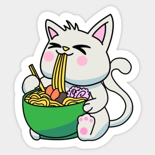 Anime Kawaii Ramen Eating White cat Japanese Noodles Sticker